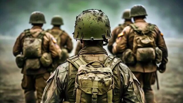 Back View of Soldiers in Military Gear Marching Through a Gritty, Overcast Landscape