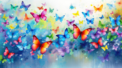 Fototapeta premium Vibrant and colorful background with butterflies. Colorful wallpaper. Dynamic effect.