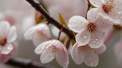 Fototapeta premium Detail of a cherry blossom in full bloom, with dew drops on the petals