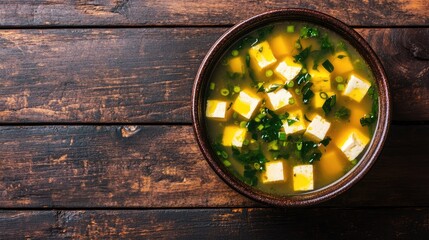 A vibrant bowl of miso soup with tofu cubes and seaweed, placed on a dark wooden table with plenty of space for text.