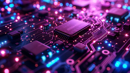 Fototapeta premium Shimmering blue and purple digital circuits on a black background, representing futuristic technology and intricate electronic design.