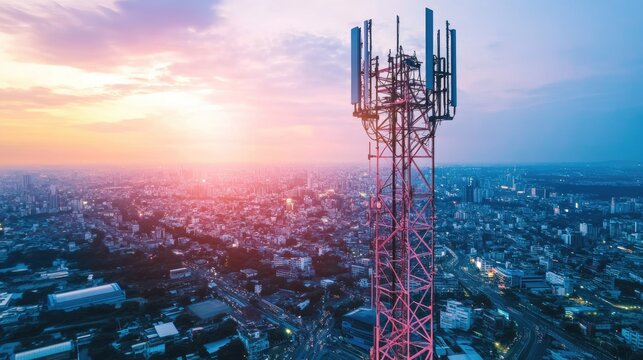 A telecommunication mast with 5G antennas, towering over a modern city, symbolizing advanced wireless technology.