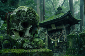 Fototapeta premium Moss-covered stone skull statue in mystical forest with dense trees and ancient shrine