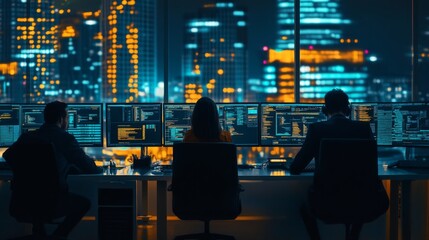 Team of Hackers Working at Night in a Cityscape