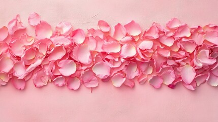 Obraz premium A top-down view of pink rose petals arranged neatly on a pastel pink backdrop, exuding a sense of softness and elegance.