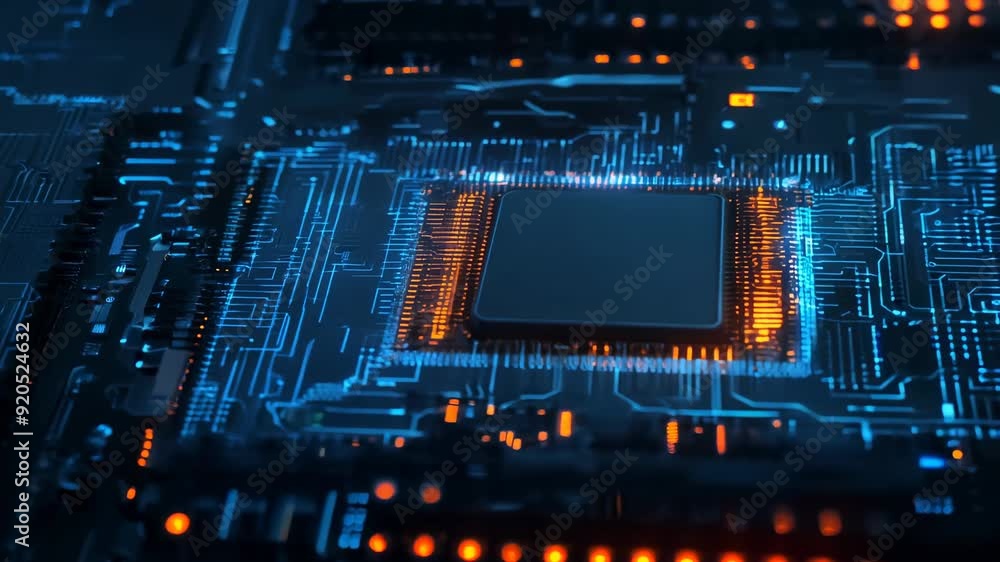 Poster close-up view of a computer processor on a circuit board under blue lighting