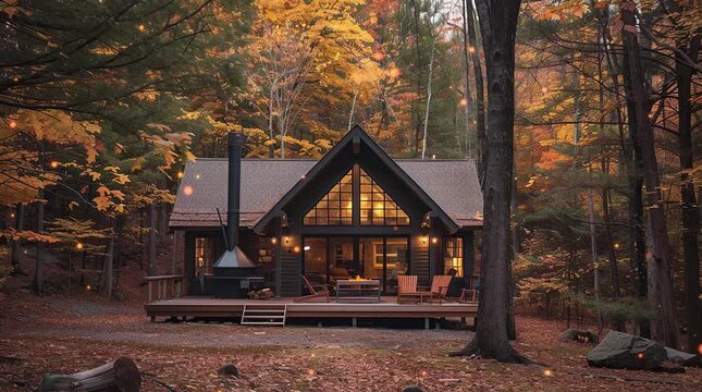 Cozy house nestled in an autumn forest, surrounded by vibrant fall foliage and creating a warm, serene atmosphere
 Seamless looping 4k time-lapse virtual video animation Generated AI