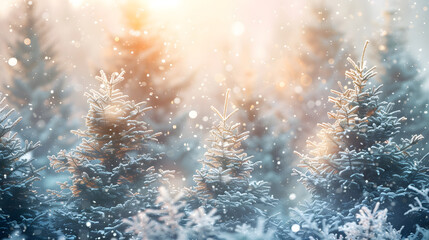 A peaceful winter forest blanketed in fresh snow, with tall evergreen trees dusted in white and a soft, pale light filtering through the branches.