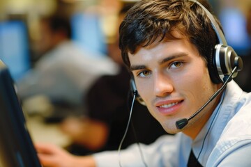 A woman with a headset in a call center, attentively handling calls and delivering support to clients in a professional setting, AI generated