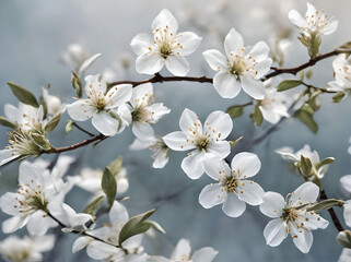 Obraz premium Delicate white cherry blossoms paint a vibrant spring canvas, nature's artistry in full bloom
