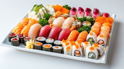 Freshly prepared sushi platter with various nigiri and maki rolls, arranged on a white plate with space for text.