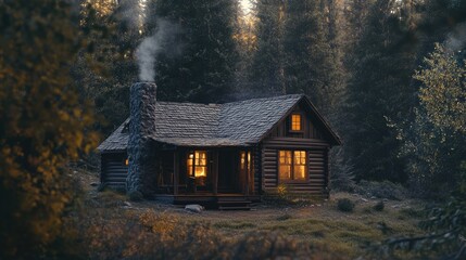 A warm and inviting cabin in the woods, with smoke curling from the chimney, set in a peaceful, natural environment.