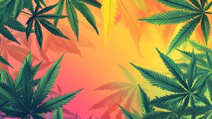 Marijuana leaves on a colorful background, close up top view on cannabis leaves and branches on colorful background for alternative medical and marketing design concept