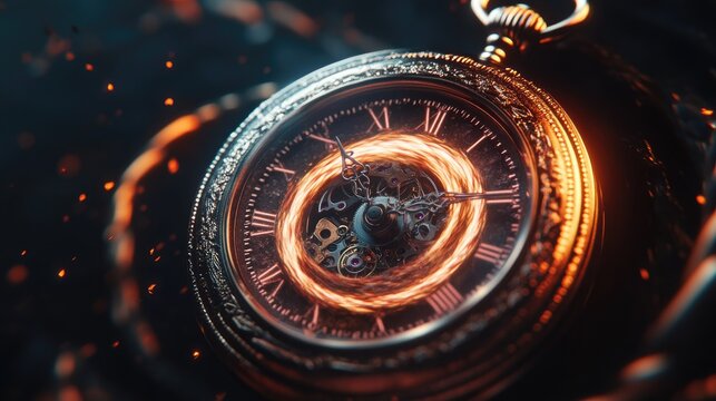 A vintage pocket watch with its face spiraling into a vortex, representing the endless passage of time, against a dark, mysterious background.