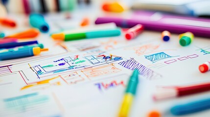 A whiteboard covered in a detailed project plan with colorful markers scattered below, highlighting brainstorming and strategic planning.