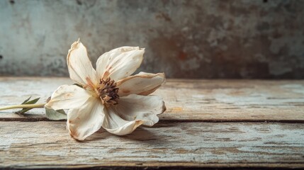 A wilted flower with drooping petals resting on a rustic wooden table, creating a poignant image of beauty in decline.