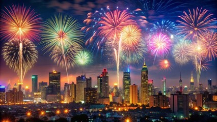 Colorful fireworks display over city skyline on New Year's Eve, celebration, party, holiday, countdown, fireworks, happiness