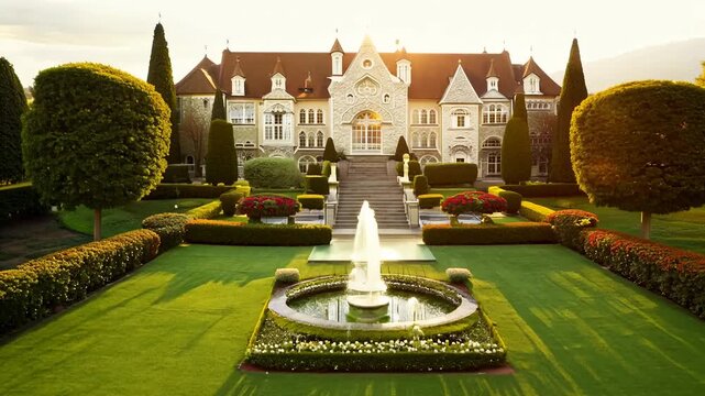 Elegant garden view at sunset with fountain in a grand estate