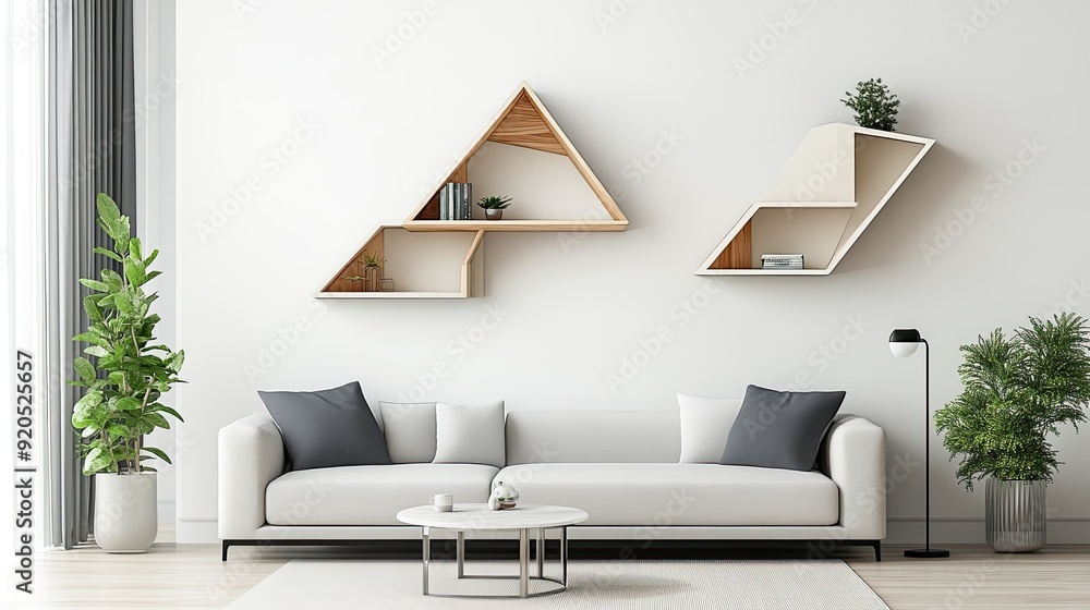 Poster abstract floating shelves with geometric designs, creating a modern and minimalist display on a livi