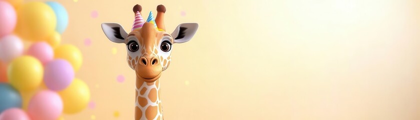 A cute giraffe wearing a party hat, surrounded by colorful balloons, perfect for children's celebrations and festive decorations.
