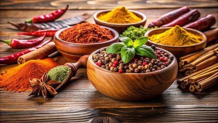 Fototapeta premium A wooden bowl filled with aromatic spices in a kitchen setting, spices, wooden bowl, kitchen, culinary, flavors