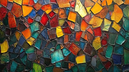 An abstract mosaic made of vivid, multicolored tiles, creating a lively and intricate background full of texture and color.