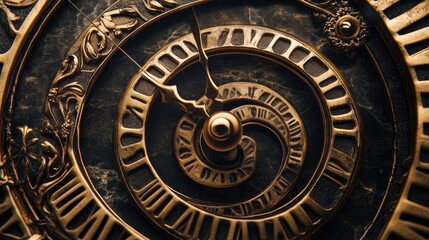 Fototapeta premium An antique clock face with Roman numerals, spiraling inward to create a mesmerizing effect, symbolizing the infinite nature of time.