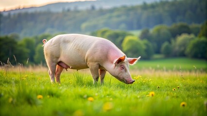 Pig grazing in a lush green field, pig, farm animal, livestock, agriculture, grass, field, rural, countryside, nature