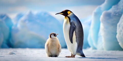 Fototapeta premium Penguin chick standing next to its mother in icy habitat, penguin, mother, chick, animal, wildlife, arctic, icy, habitat, family, nurturing