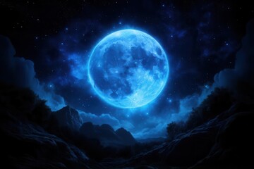 A stunning blue full moon shining brightly in a starry night sky over dark mountains, creating a magical atmosphere.