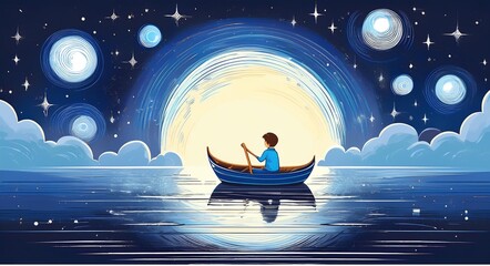 A boy rowing a boat in the sea of the starry night with mysterious light, digital art style, illustration painting