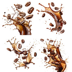Set of delicious coffee beans splashing into coffee, cut out