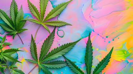 Marijuana leaves on a colorful background, close up top view on cannabis leaves and branches on colorful background for alternative medical and marketing design concept