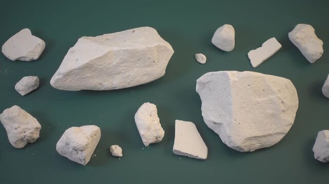 natural pieces of chalk mineral stones on green chalkboard background, top view motion