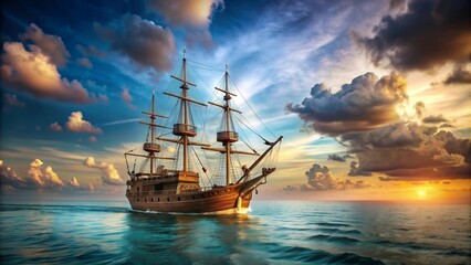 Fototapeta premium of a pirate ship sailing on the open ocean, pirate, ship, sea, adventure, nautical, Jolly Roger, sails, plunder, treasure, crew