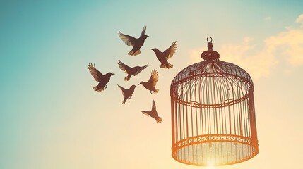 Birds escaping from an open birdcage, their wings spread wide, representing the concept of freedom, set against a bright sky.