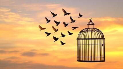 Fototapeta premium Birds flying out of an open birdcage, capturing a moment of liberation and freedom, with a soft, sky-colored background.