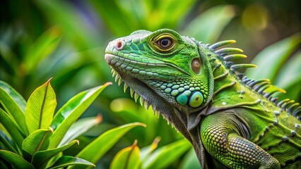 Obraz premium Green iguana resting on vibrant green leaves , wildlife, reptile, tropical, exotic, nature, lizard, camouflage