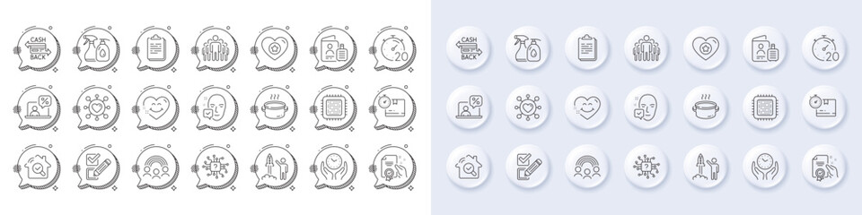 Cleaning liquids, Clipboard and Launch project line icons. White pin 3d buttons, chat bubbles icons. Pack of Online tax, Saucepan, Cpu processor icon. Vector