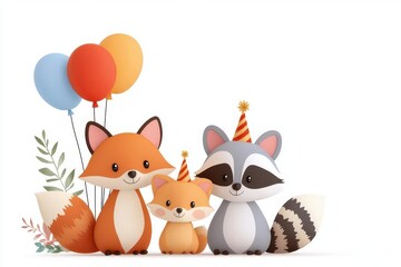 Fototapeta premium Cute cartoon animals celebrating with balloons and party hats. Perfect for children's themes and festive occasions.