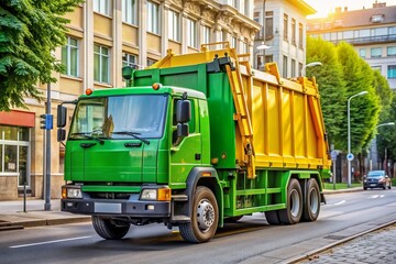 A large municipal vehicle with a bright green body and flashes of yellow, equipped with a dumping mechanism, drives down a city street.