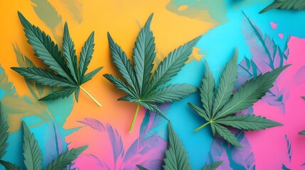 Marijuana leaves on a colorful background, close up top view on cannabis leaves and branches on colorful background for alternative medical and marketing design concept