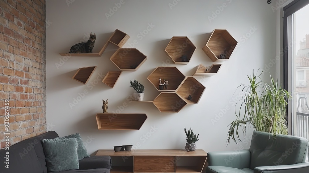 Poster geometric floating shelves arranged in an abstract pattern on a living room wall, adding a stylish a