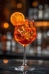 Alcohol cocktail Aperol spritz original aperitif prosecco bitter digestif soda ice cubes orange slices refreshing pleasant favored summer drink glass bar cafe