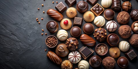 Sumptuous spread of assorted chocolates on dark backdrop , World Chocolate Day, celebration, sweets, indulgence