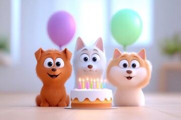 Fototapeta premium Three adorable cartoon pets celebrating a birthday with a cake and colorful balloons, full of joy and fun.