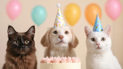 Three adorable pets celebrate with party hats and a cake, bringing joy to any festive occasion.