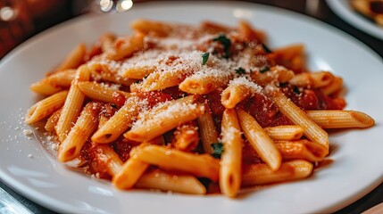 Penne arrabiata served on a white plate, with a fiery red sauce and a sprinkle of parmesan, creating a classic Italian meal.