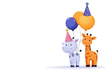 Fototapeta premium Two cute animals celebrate a birthday with colorful balloons and party hats in a cheerful, festive atmosphere.