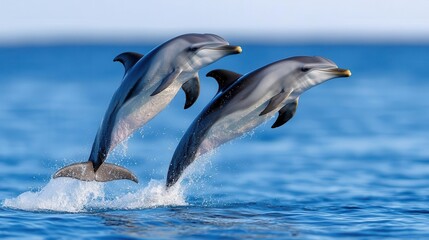 Fototapeta premium Two dolphins leap gracefully above the water, showcasing their playful nature in a serene ocean setting.